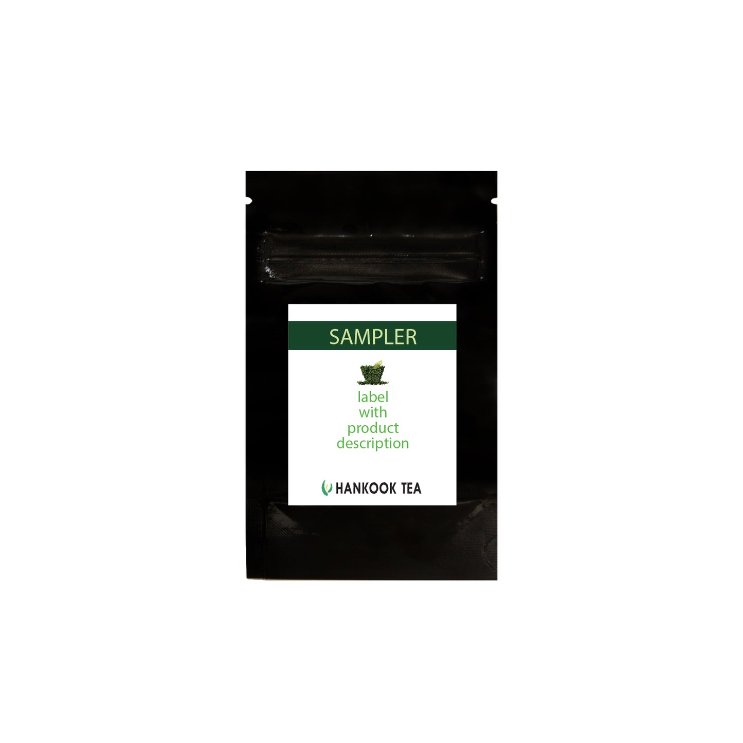 Black tea sampler package with a label on a white background