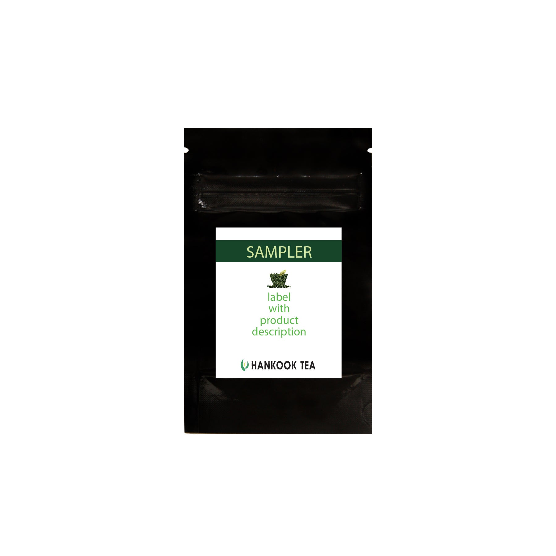 Black tea sampler package with a label on a white background
