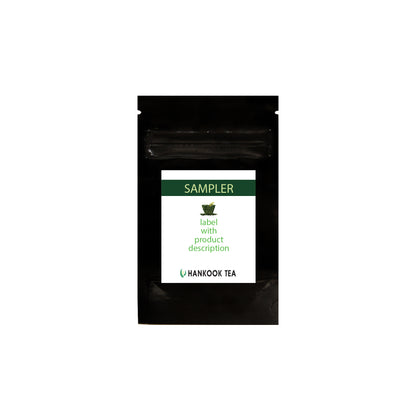 Black tea sampler package with a label on a white background